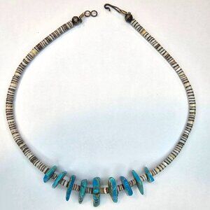 Vintage Natural Nugget Turquoise & Heishi Shell Beaded Chocker Necklace, 15”